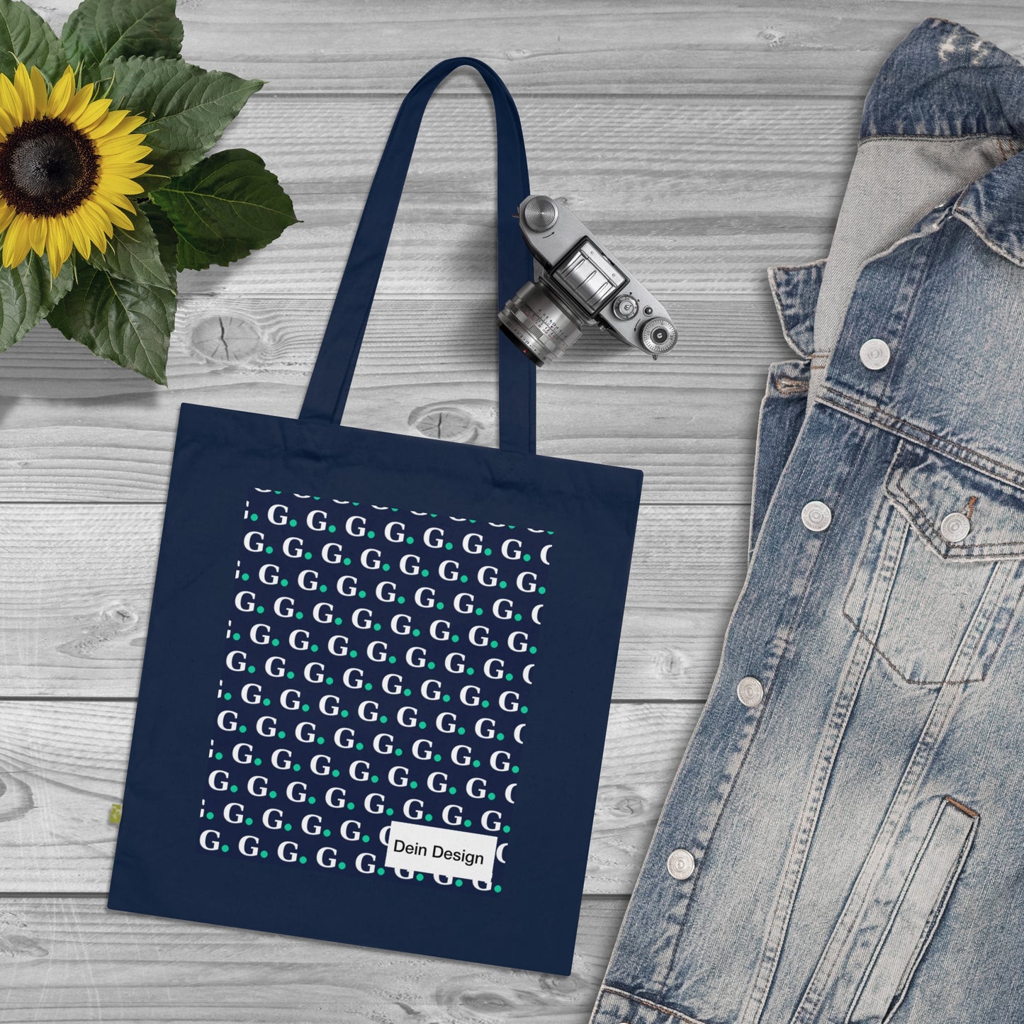 Monogram G Pattern Organic Cotton Tote Bag — Navy Eco Shopper