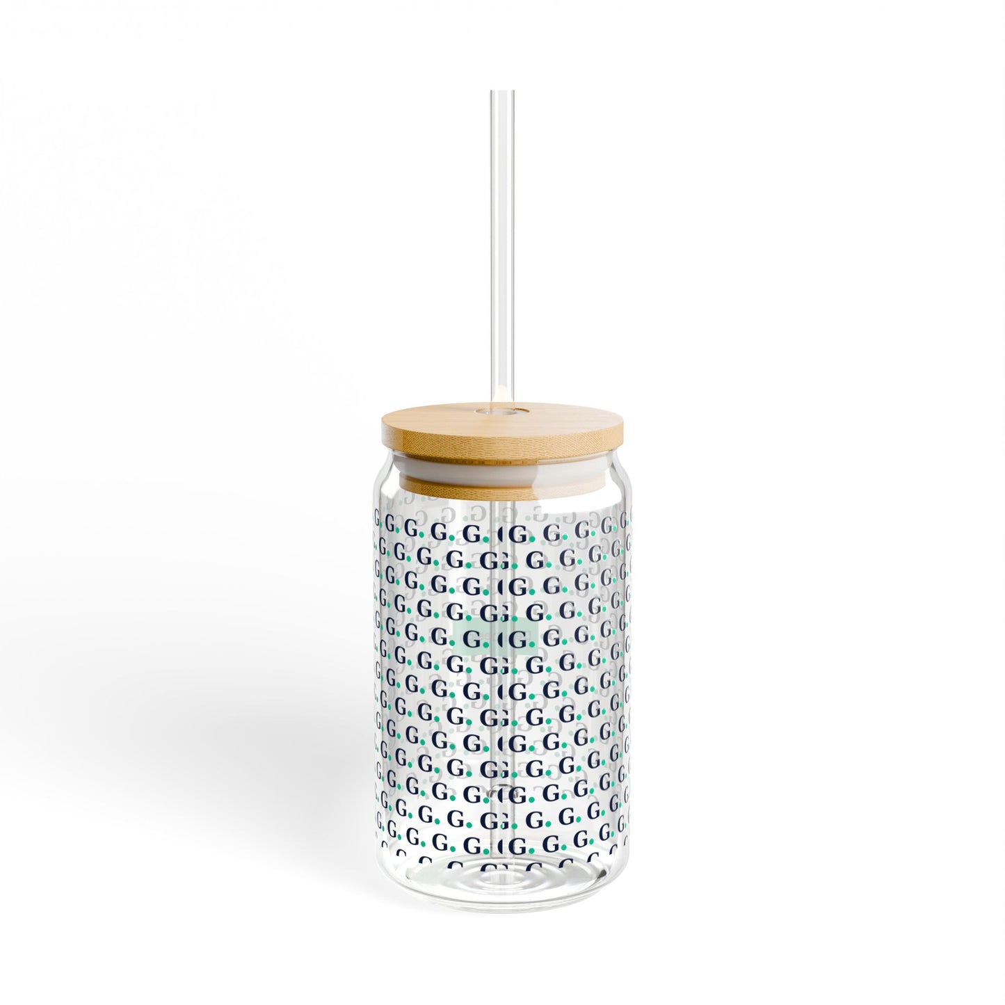16oz Glass Sipper Tumbler with Bamboo Lid — Repeating 'G' Monogram Pattern