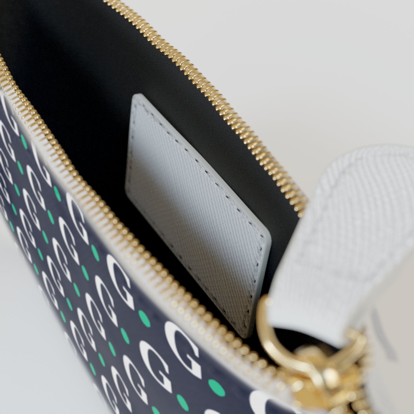 Monogram G Mini Clutch Bag — Navy Patterned Zip Pouch with 'Dein Design' Label