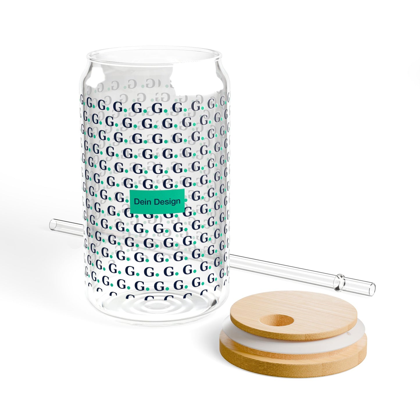 16oz Glass Sipper Tumbler with Bamboo Lid — Repeating 'G' Monogram Pattern