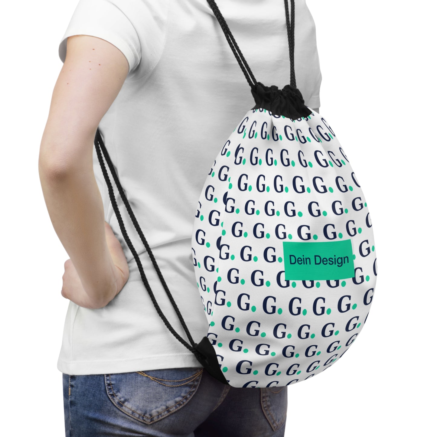 Drawstring Bag — Repeating 'G' Pattern Tote with 'Dein Design' Center Label, Casual Everyday Gym & School Pack