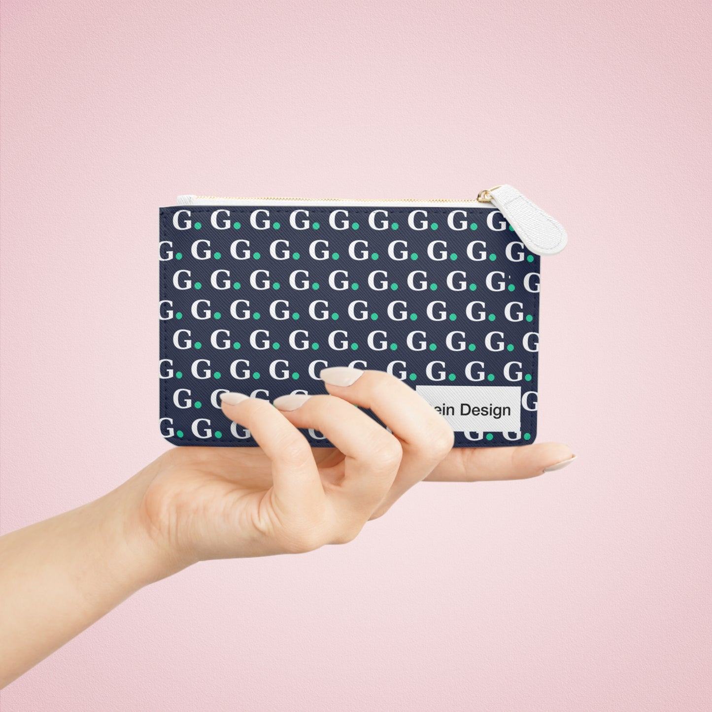 Monogram G Mini Clutch Bag — Navy Patterned Zip Pouch with 'Dein Design' Label