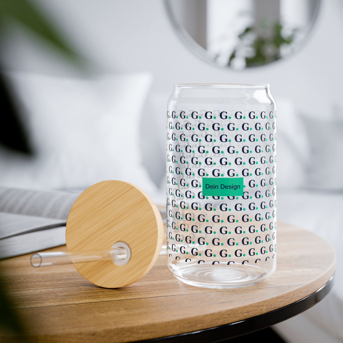 16oz Glass Sipper Tumbler with Bamboo Lid — Repeating 'G' Monogram Pattern