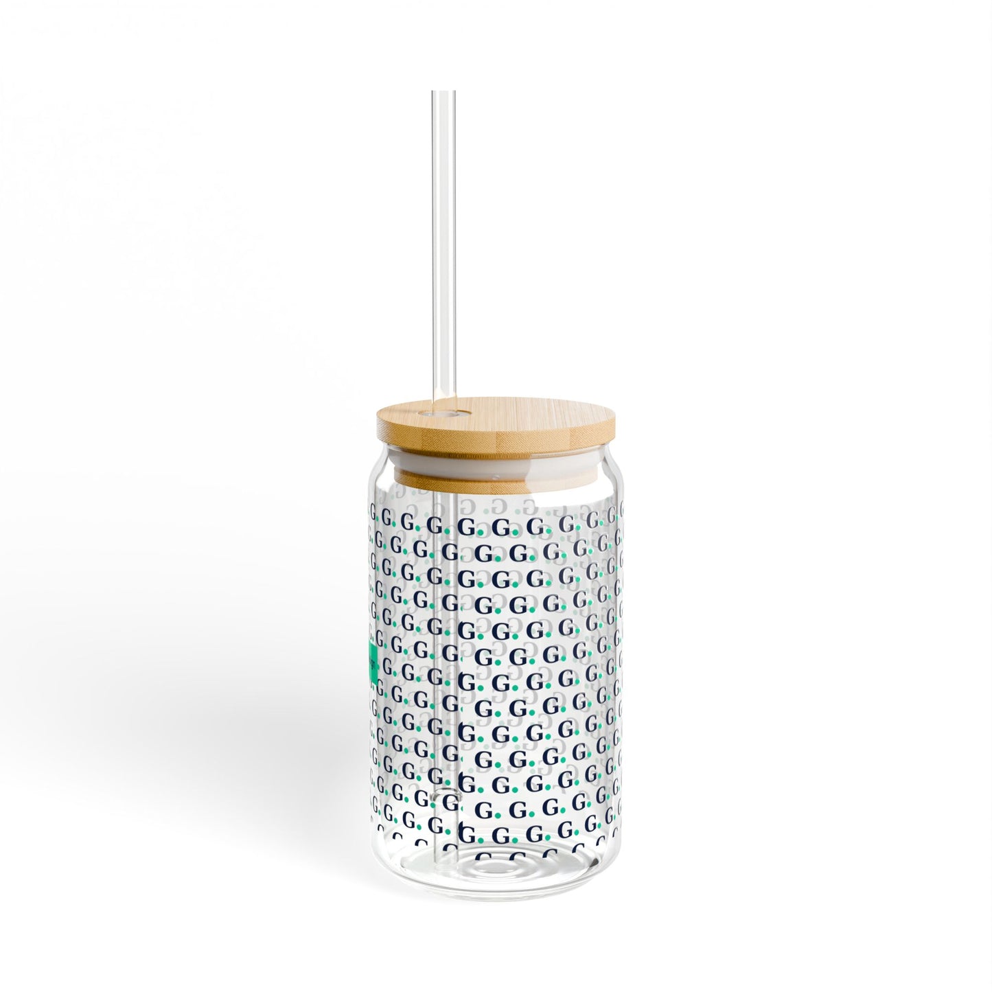 16oz Glass Sipper Tumbler with Bamboo Lid — Repeating 'G' Monogram Pattern