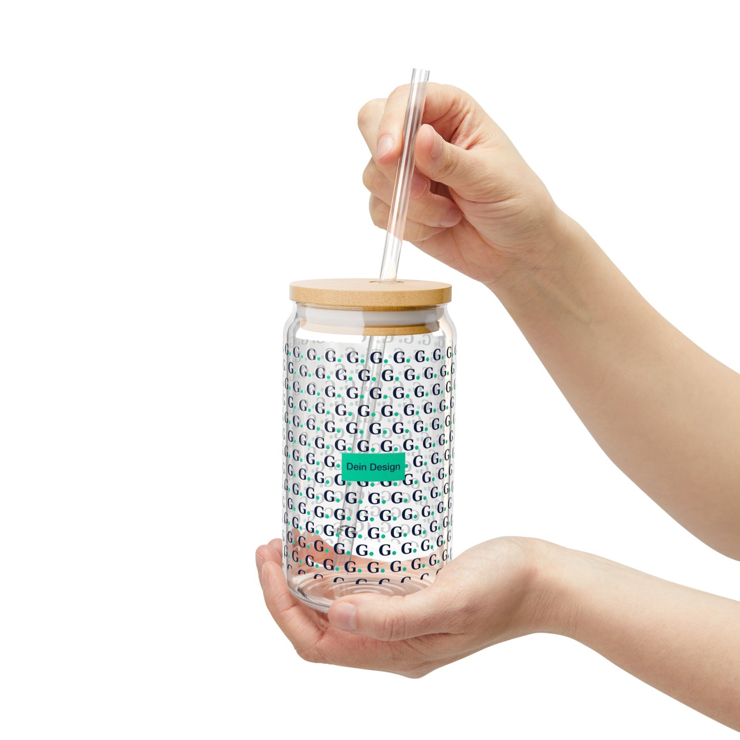16oz Glass Sipper Tumbler with Bamboo Lid — Repeating 'G' Monogram Pattern