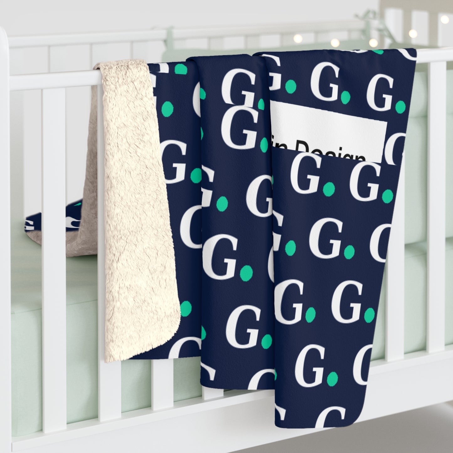 Sherpa Fleece Blanket — Cozy Navy Monogram G Pattern with Teal Dot