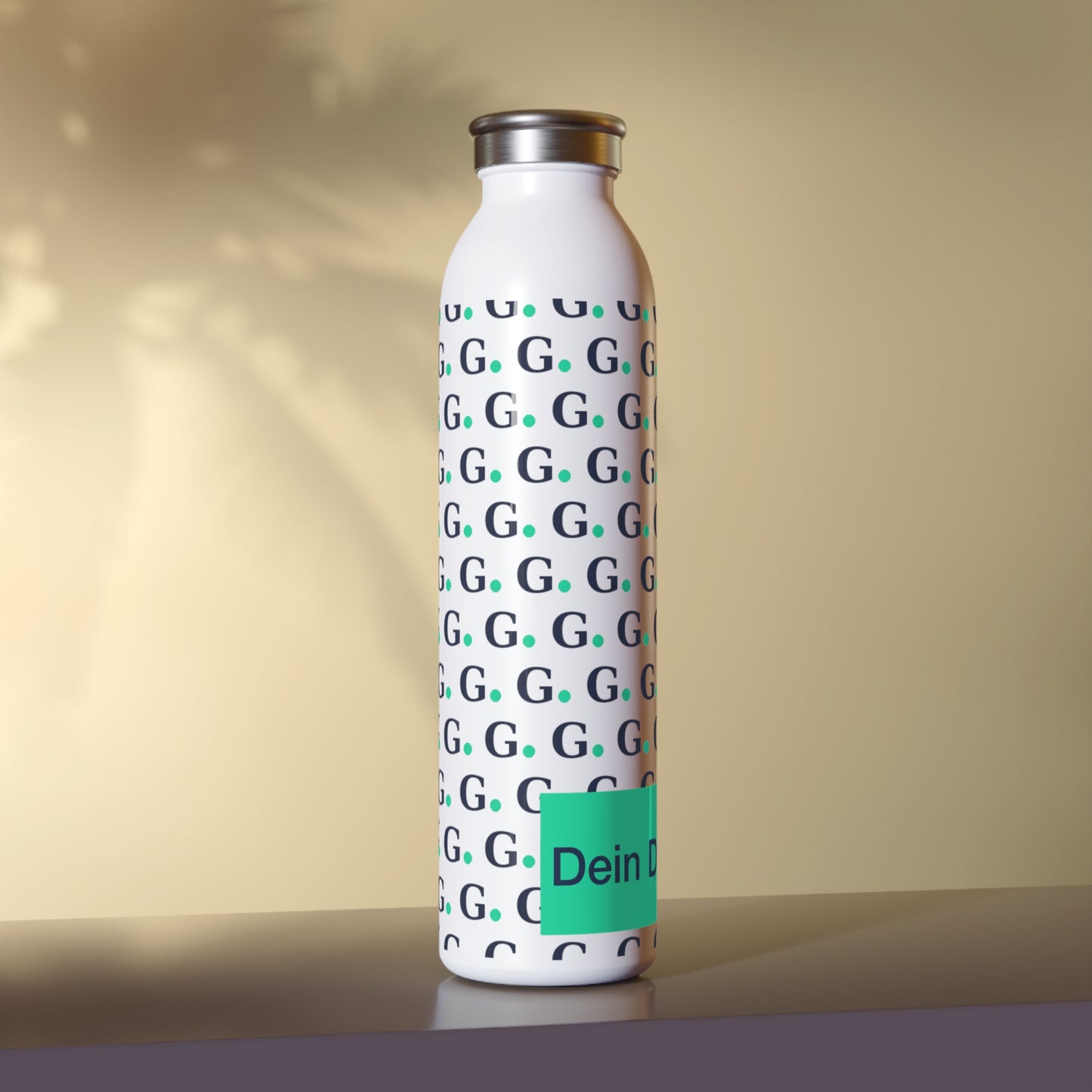 Slim Water Bottle – Monogram G Pattern Stainless Steel Bottle with Teal Name Label