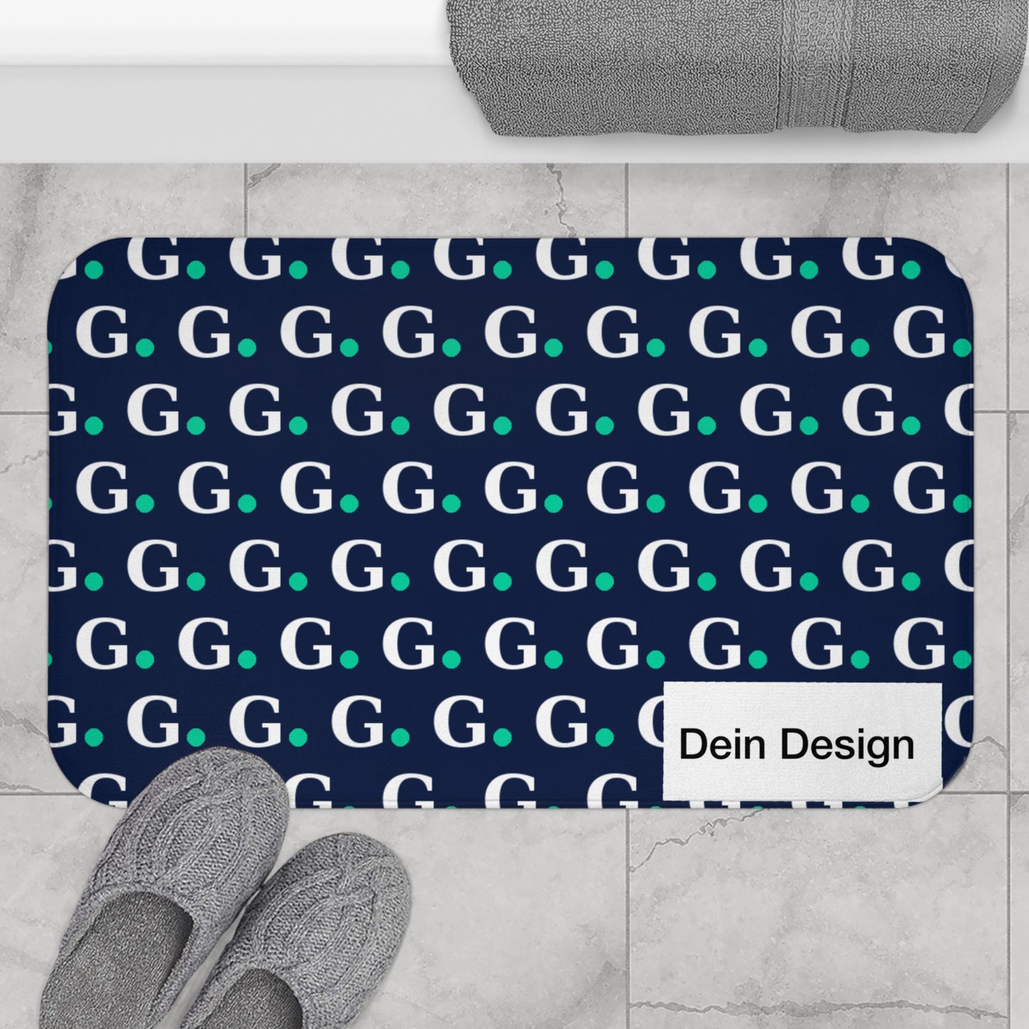 Monogram G Dot Bath Mat — Navy & Teal Patterned Bathroom Rug